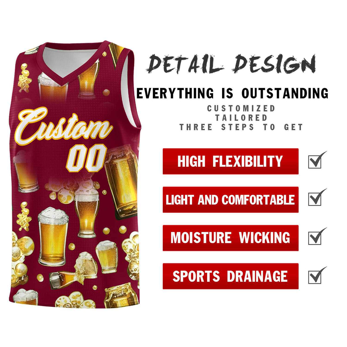 Custom Crimson National Beer Day Personalized Beer Bubble Basketball Jersey | Perfect for parties | Dye-sublimation printing | KXKSHOP