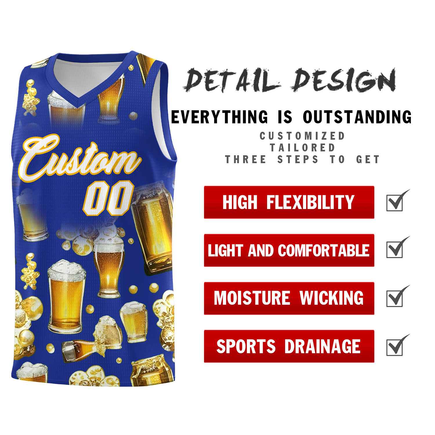 Custom Royal Blue National Beer Day Personalized Beer Bubble Basketball Jersey | Perfect for parties | Dye-sublimation printing | KXKSHOP