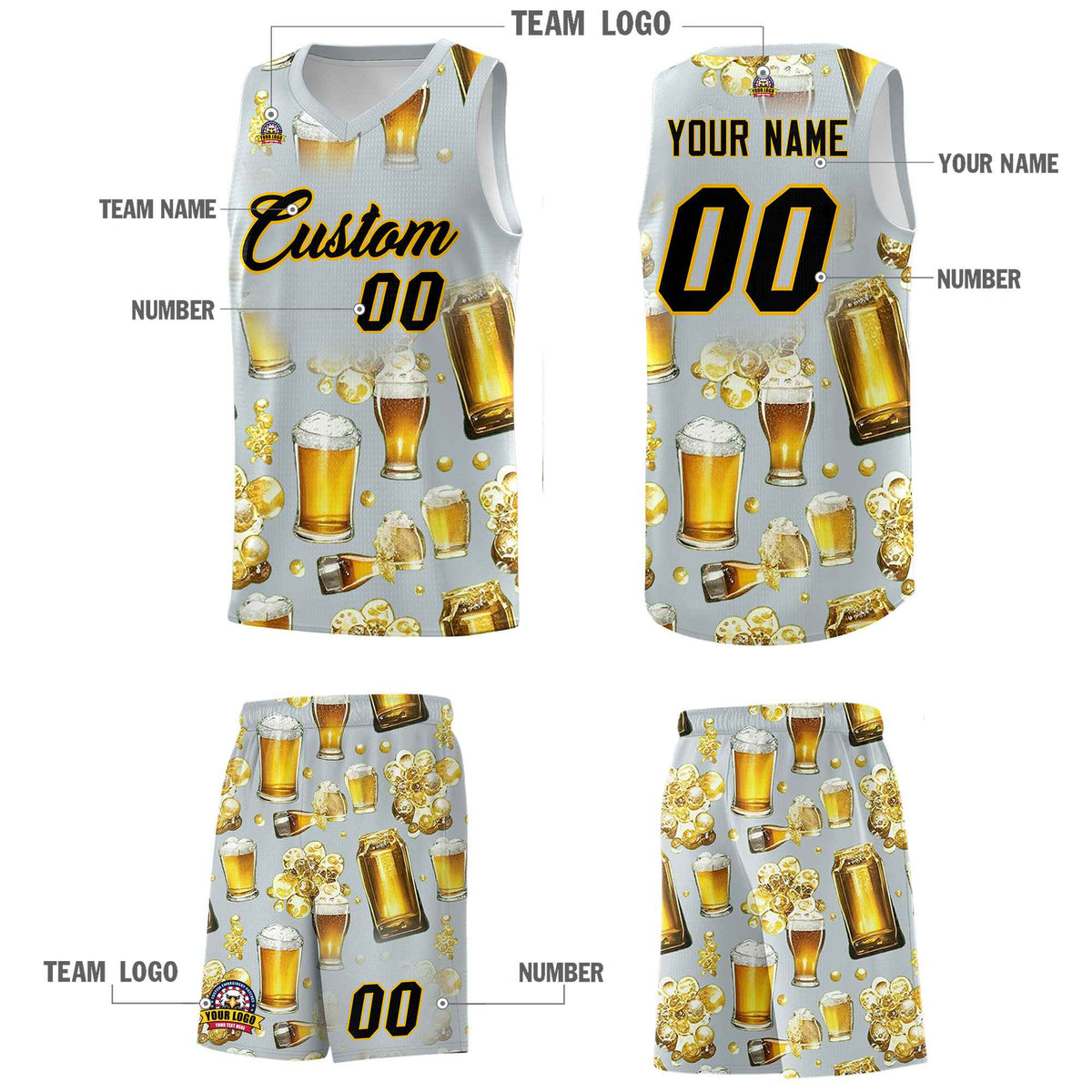 Custom Silver National Beer Day Personalized Beer Bubble Basketball Jersey | Perfect for parties | Dye-sublimation printing | KXKSHOP