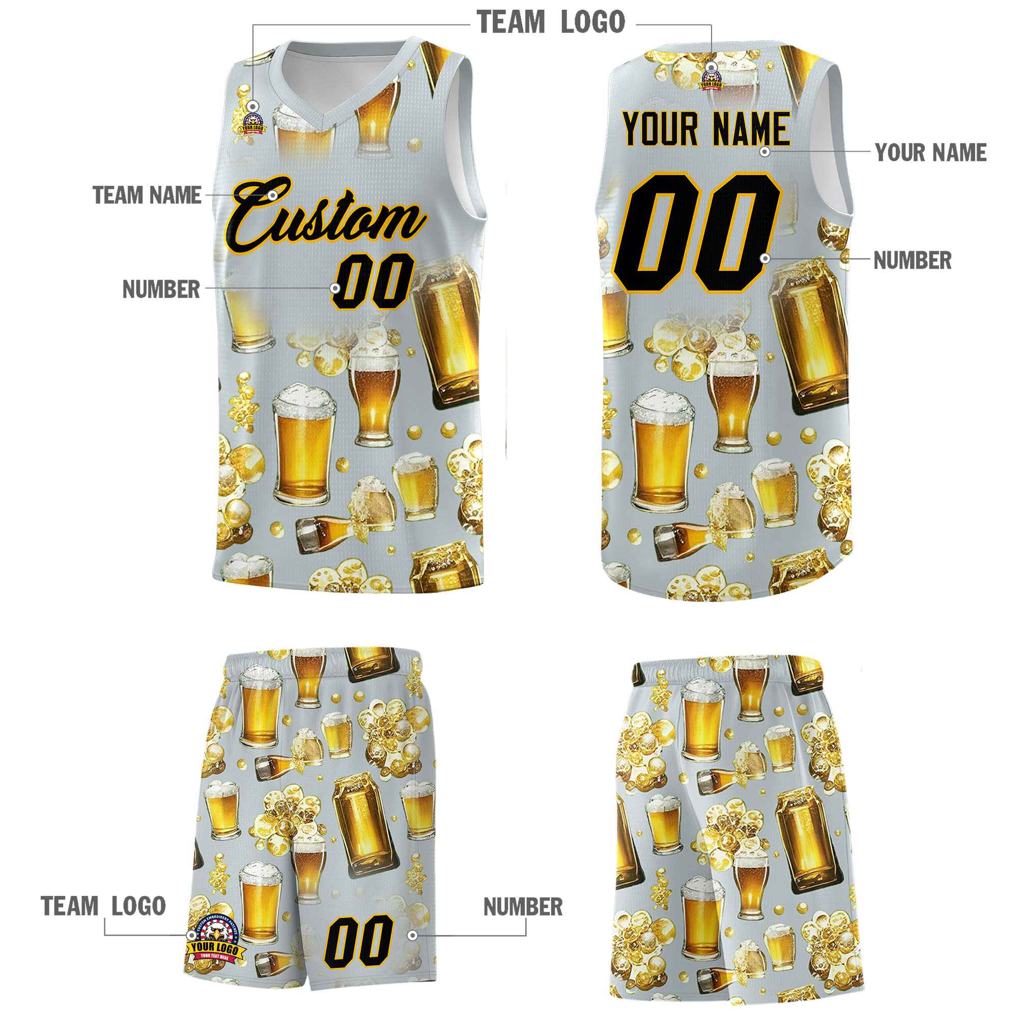Custom Silver National Beer Day Personalized Beer Bubble Basketball Jersey | Perfect for parties | Dye-sublimation printing | KXKSHOP