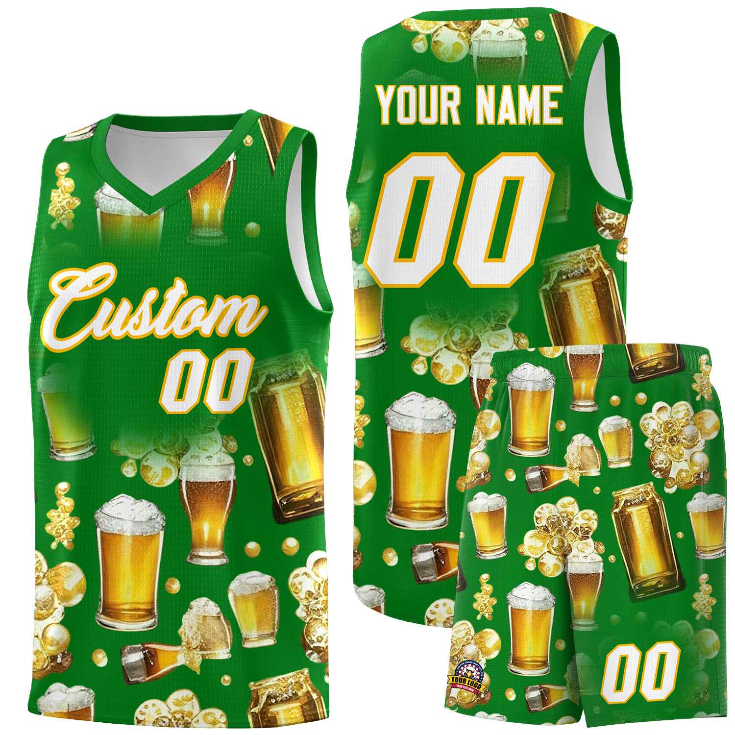 Custom Kelly Green-02 National Beer Day Personalized Beer Bubble Basketball Jersey | Perfect for parties | Dye-sublimation printing | KXKSHOP