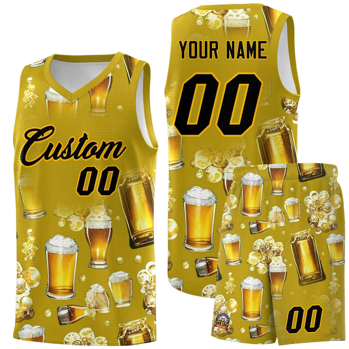 Custom Old Gold National Beer Day Personalized Beer Bubble Basketball Jersey | Perfect for parties | Dye-sublimation printing | KXKSHOP