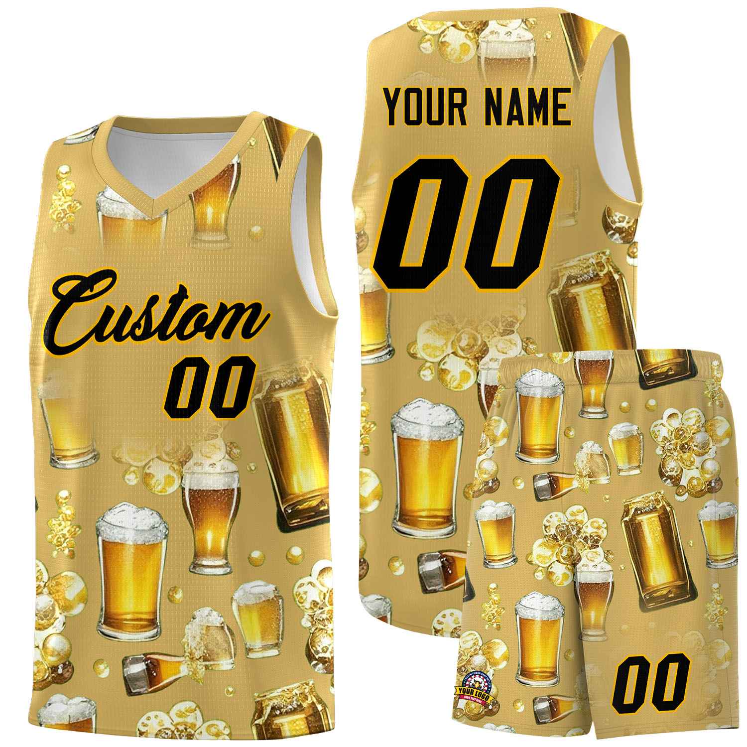 Custom Old Gold National Beer Day Personalized Beer Bubble Basketball Jersey | Perfect for parties | Dye-sublimation printing | KXKSHOP