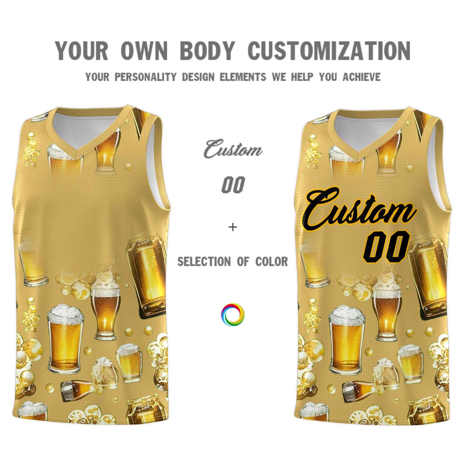 Custom Old Gold National Beer Day Personalized Beer Bubble Basketball Jersey | Perfect for parties | Dye-sublimation printing | KXKSHOP