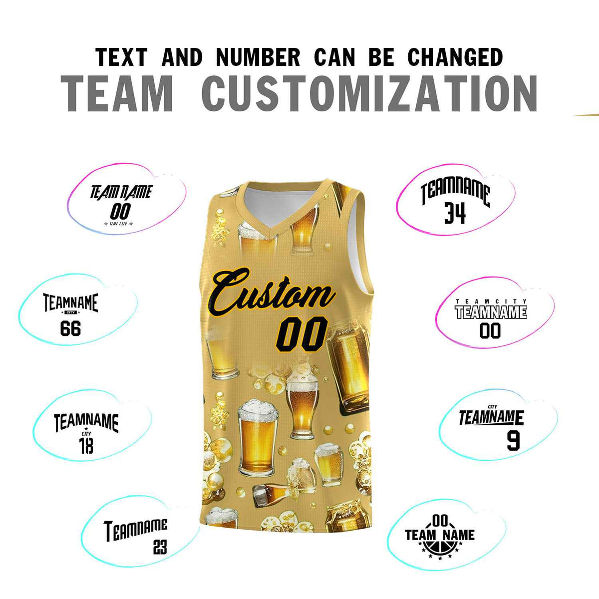 Custom Old Gold National Beer Day Personalized Beer Bubble Basketball Jersey | Perfect for parties | Dye-sublimation printing | KXKSHOP