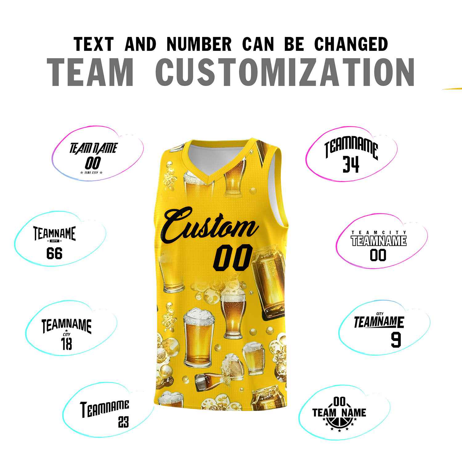 Custom Gold National Beer Day Personalized Beer Bubble Basketball Jersey | Perfect for parties | Dye-sublimation printing | KXKSHOP