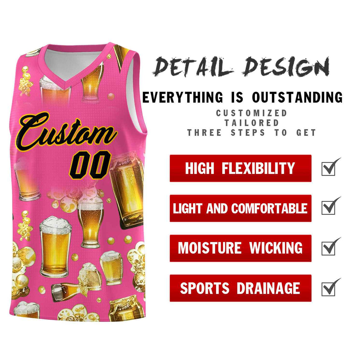 Custom Pink National Beer Day Personalized Beer Bubble Basketball Jersey | Perfect for parties | Dye-sublimation printing | KXKSHOP