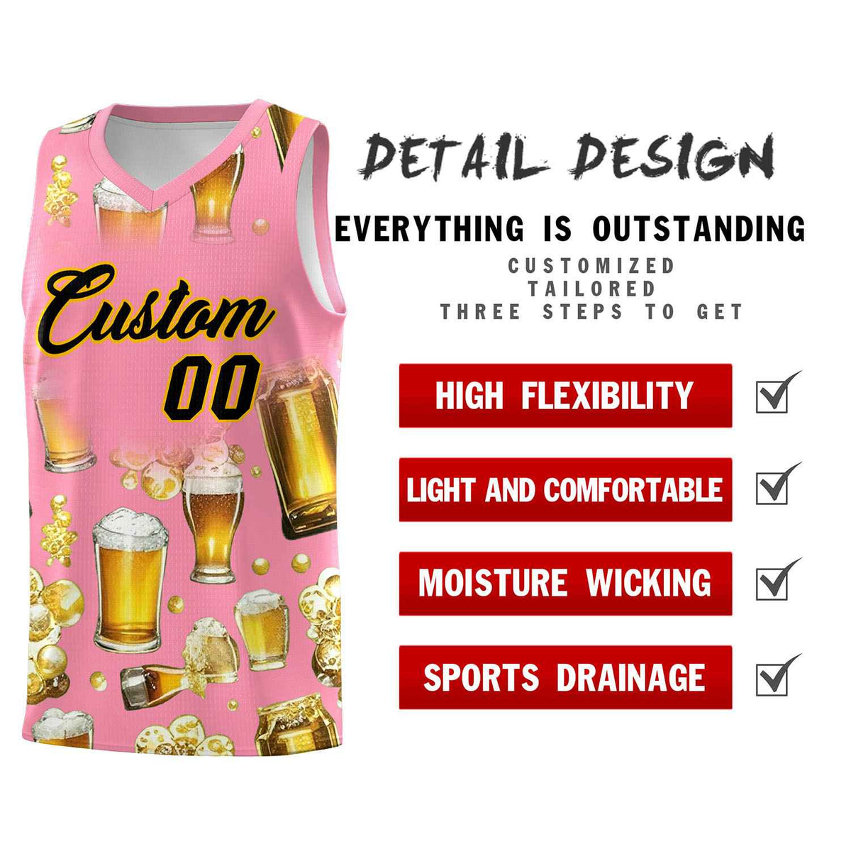 Custom Light Pink National Beer Day Personalized Beer Bubble Basketball Jersey | Perfect for parties | Dye-sublimation printing | KXKSHOP