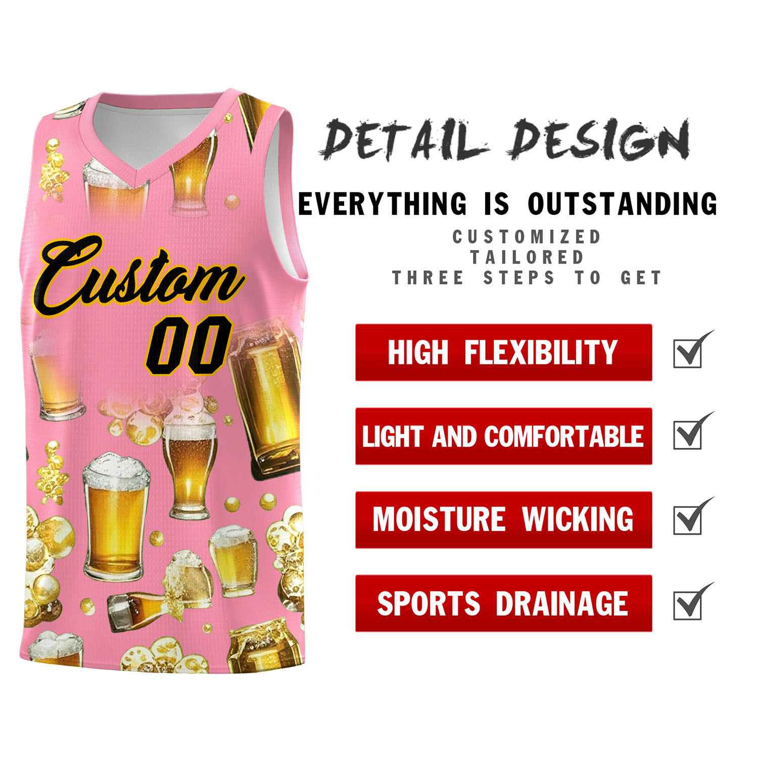 Custom Light Pink National Beer Day Personalized Beer Bubble Basketball Jersey | Perfect for parties | Dye-sublimation printing | KXKSHOP