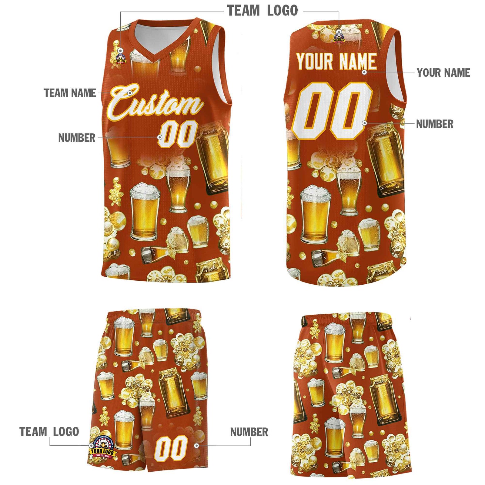 Custom Dark Orange National Beer Day Personalized Beer Bubble Basketball Jersey | Perfect for parties | Dye-sublimation printing | KXKSHOP