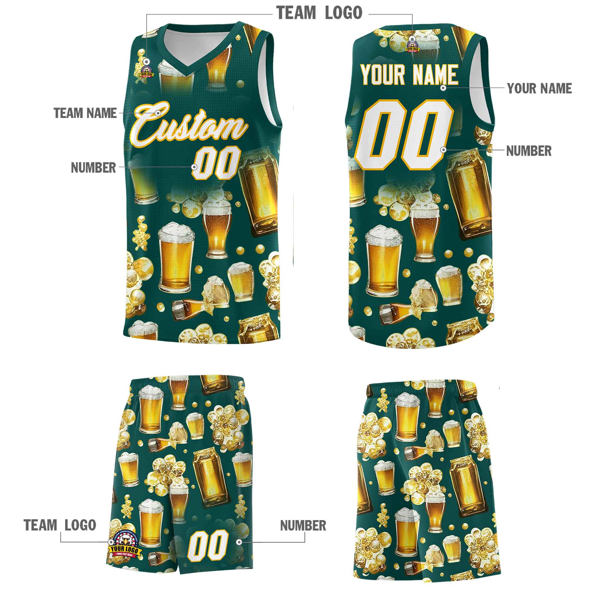 Custom Midnight Green National Beer Day Personalized Beer Bubble Basketball Jersey | Perfect for parties | Dye-sublimation printing | KXKSHOP