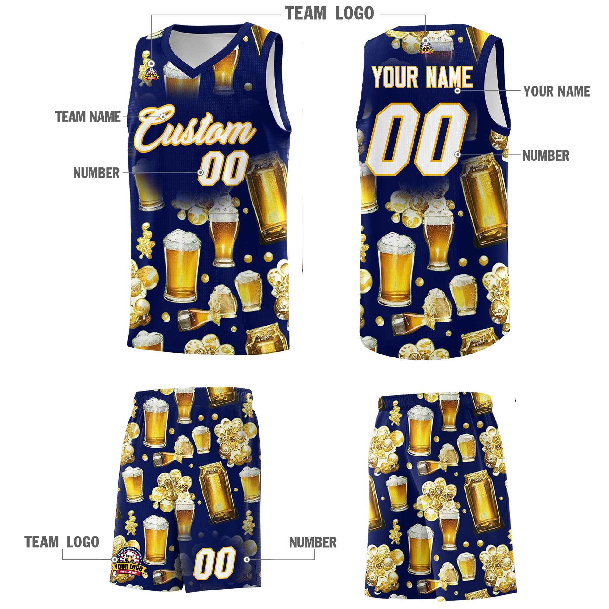 Custom Dark Blue National Beer Day Personalized Beer Bubble Basketball Jersey | Perfect for parties | Dye-sublimation printing | KXKSHOP