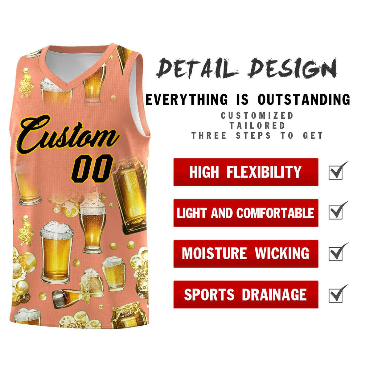 Custom Light Orange National Beer Day Personalized Beer Bubble Basketball Jersey | Perfect for parties | Dye-sublimation printing | KXKSHOP