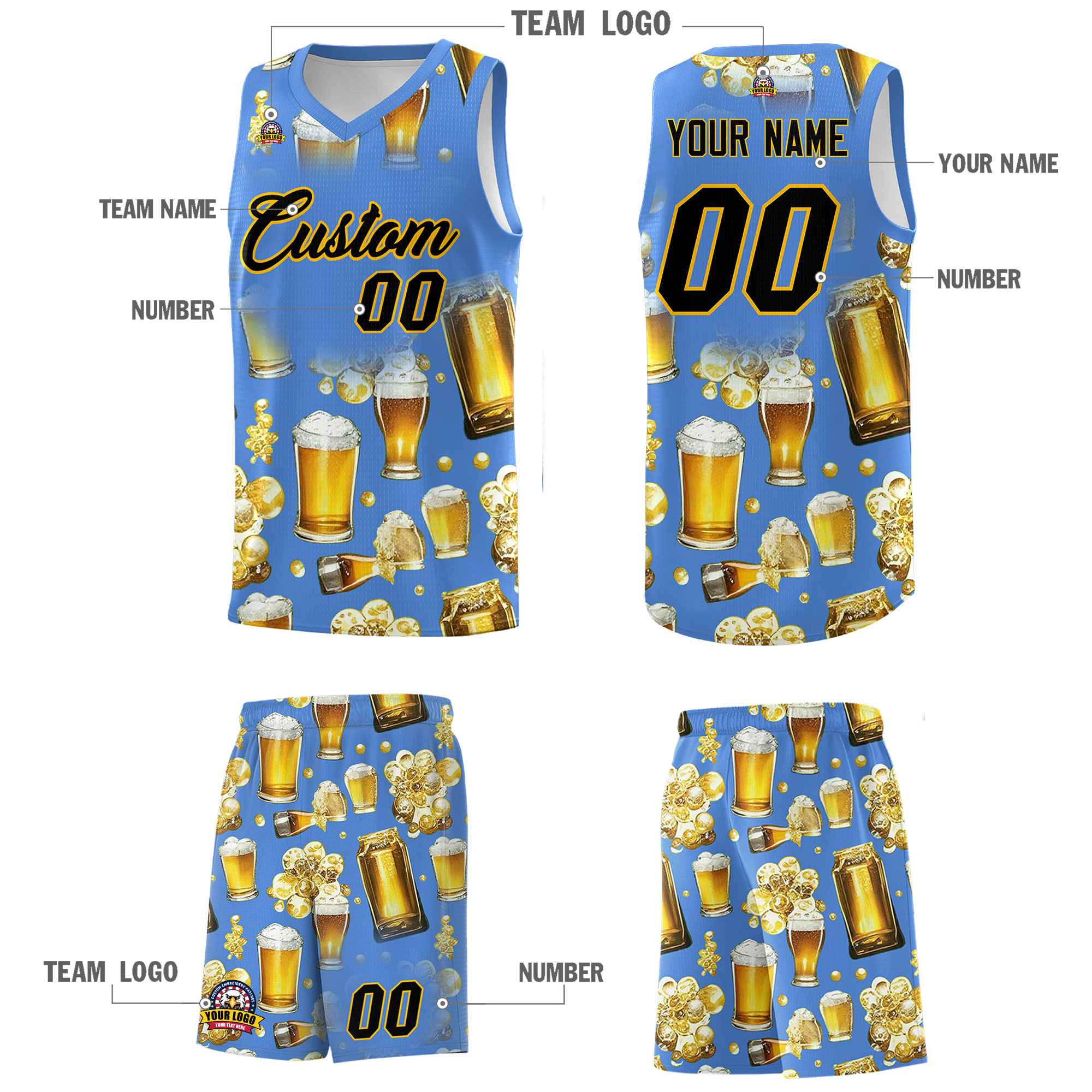 Custom Powder Blue National Beer Day Personalized Beer Bubble Basketball Jersey | Perfect for parties | Dye-sublimation printing | KXKSHOP
