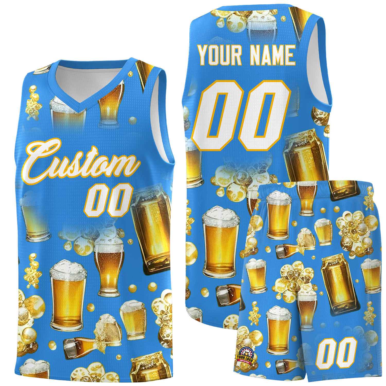 Custom Light Blue National Beer Day Personalized Beer Bubble Basketball Jersey | Perfect for parties | Dye-sublimation printing | KXKSHOP