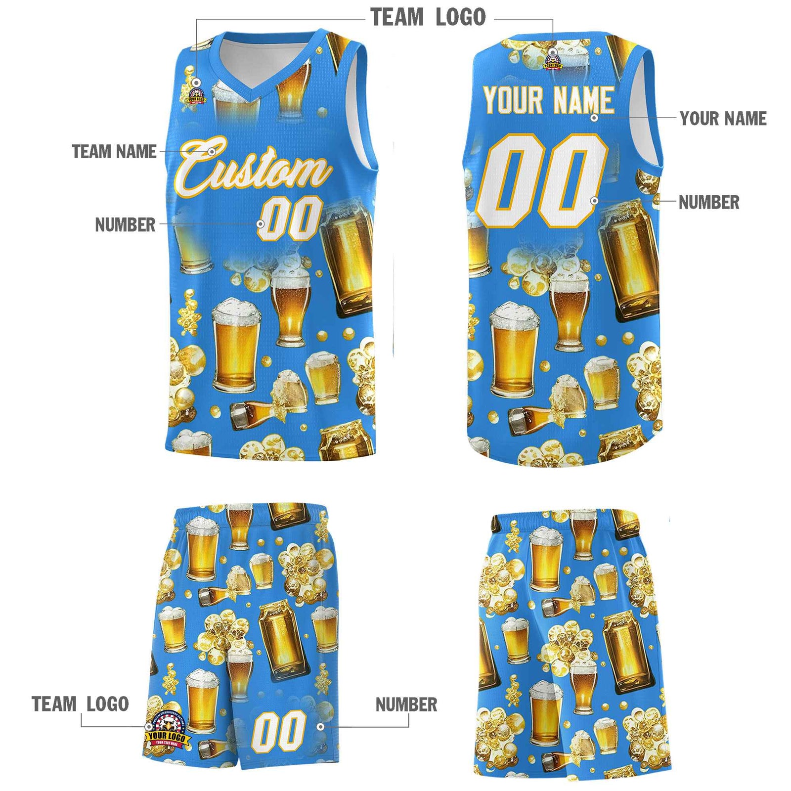 Custom Light Blue National Beer Day Personalized Beer Bubble Basketball Jersey | Perfect for parties | Dye-sublimation printing | KXKSHOP