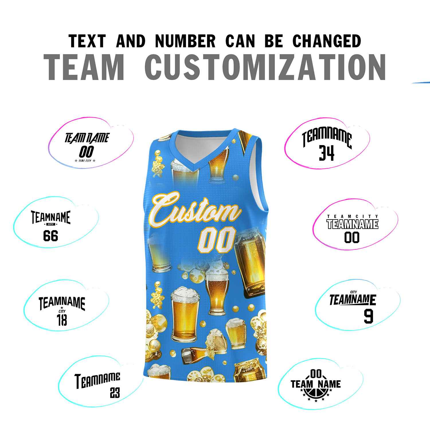 Custom Light Blue National Beer Day Personalized Beer Bubble Basketball Jersey | Perfect for parties | Dye-sublimation printing | KXKSHOP