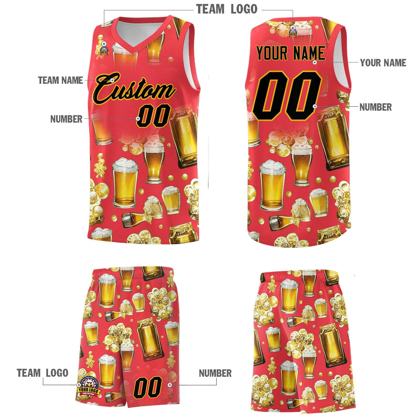 Custom Light Red National Beer Day Personalized Beer Bubble Basketball Jersey | Perfect for parties | Dye-sublimation printing | KXKSHOP