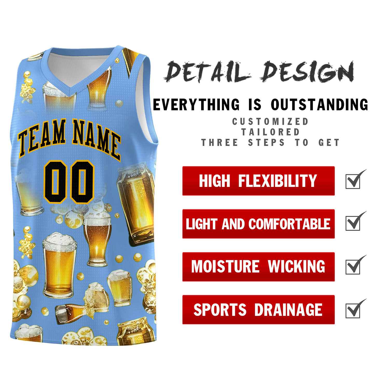 Custom Light Blue National Beer Day Personalized Beer Bubble Basketball Jersey | Perfect for parties | Dye-sublimation printing | KXKSHOP