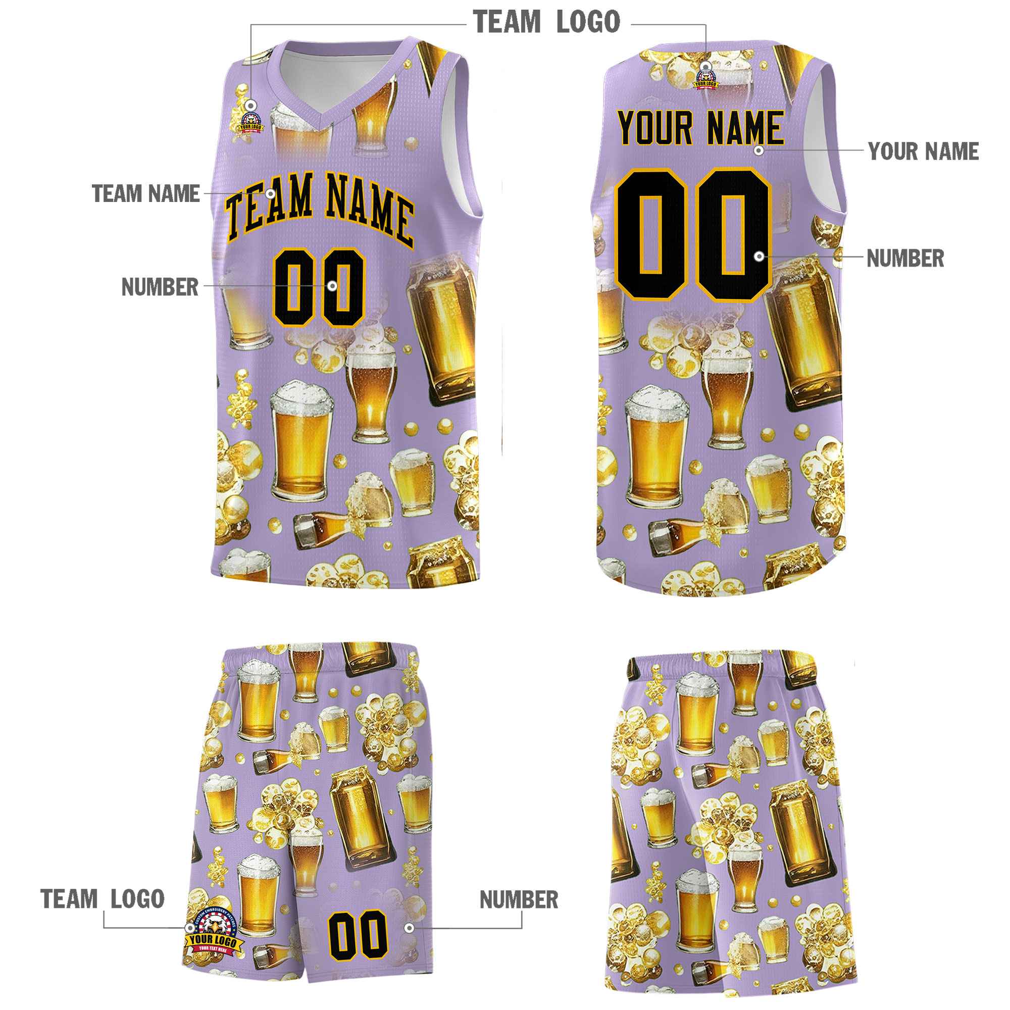 Custom Light Purple National Beer Day Personalized Beer Bubble Basketball Jersey | Perfect for parties | Dye-sublimation printing | KXKSHOP
