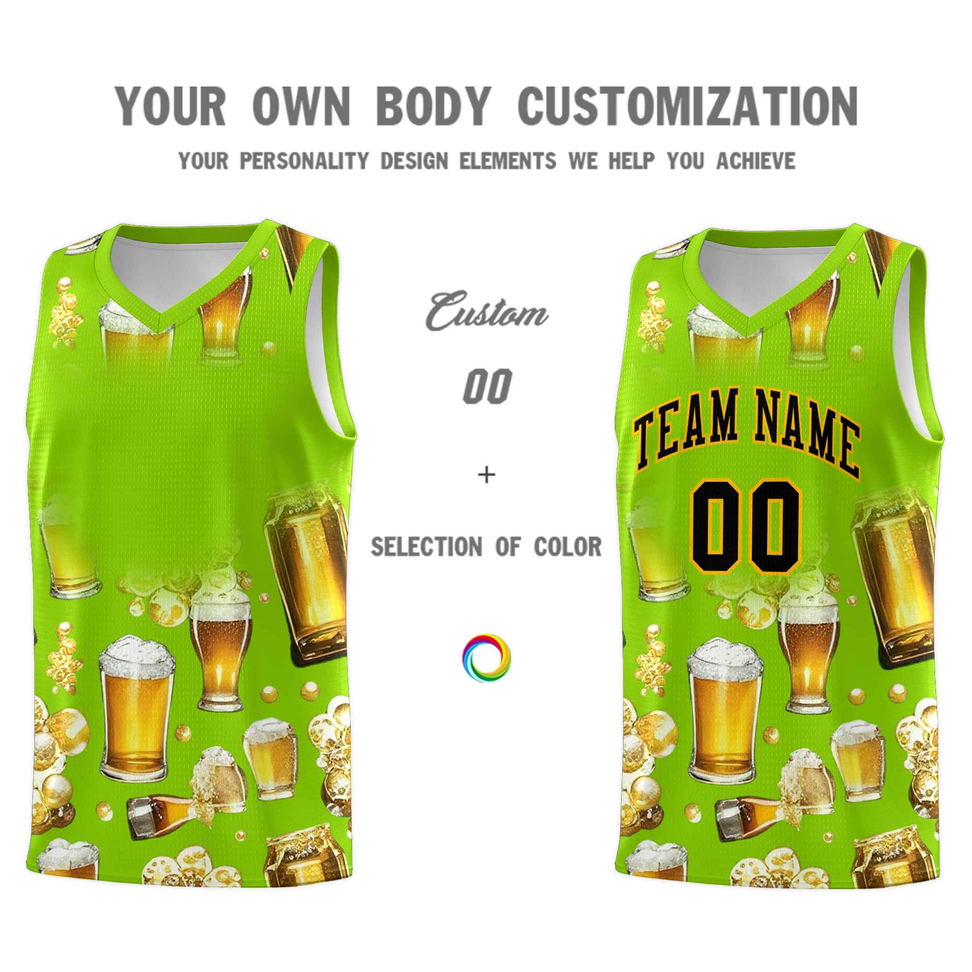 Custom Neon Green National Beer Day Personalized Beer Bubble Basketball Jersey | Perfect for parties | Dye-sublimation printing | KXKSHOP