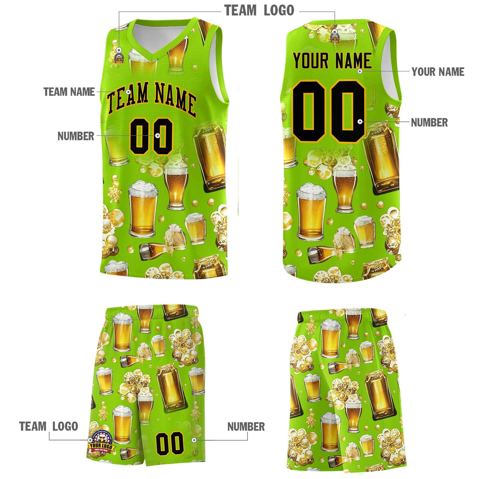 Custom Neon Green National Beer Day Personalized Beer Bubble Basketball Jersey | Perfect for parties | Dye-sublimation printing | KXKSHOP