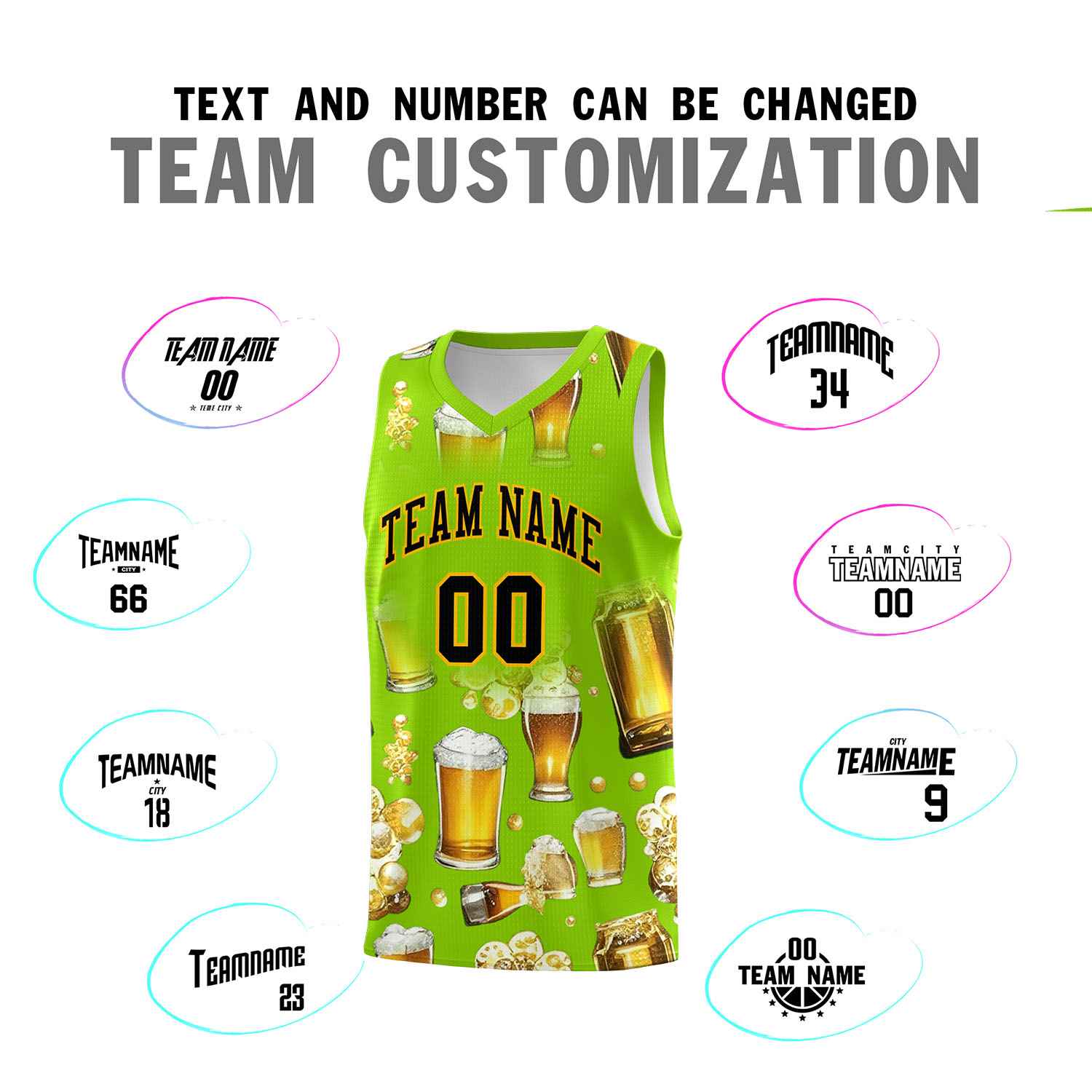 Custom Neon Green National Beer Day Personalized Beer Bubble Basketball Jersey | Perfect for parties | Dye-sublimation printing | KXKSHOP