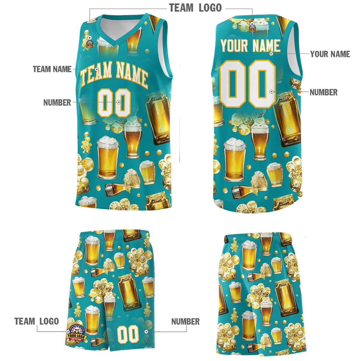 Custom Teal National Beer Day Personalized Beer Bubble Basketball Jersey | Perfect for parties | Dye-sublimation printing | KXKSHOP