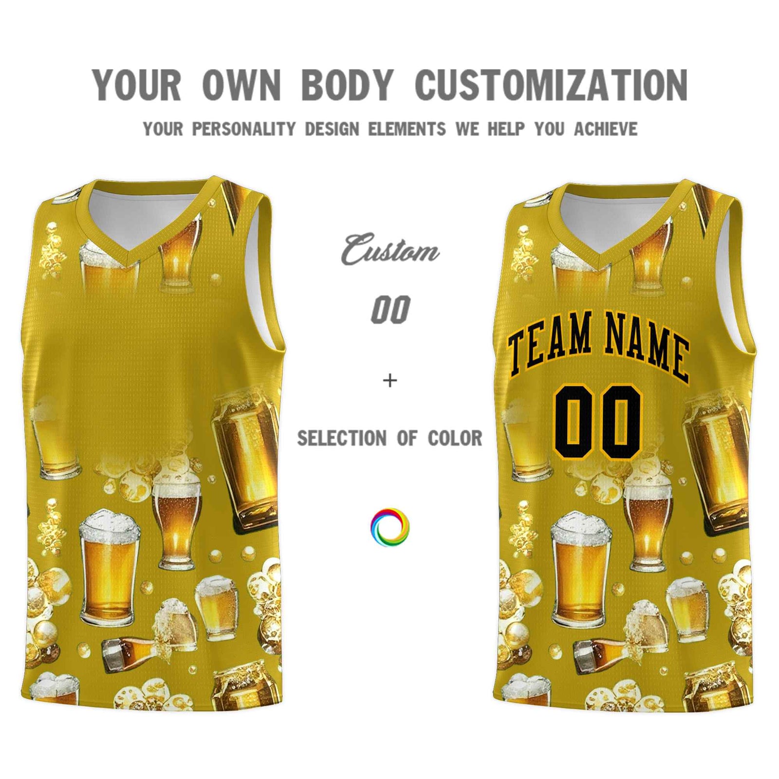 Custom Old Gold National Beer Day Personalized Beer Bubble Basketball Jersey | Perfect for parties | Dye-sublimation printing | KXKSHOP