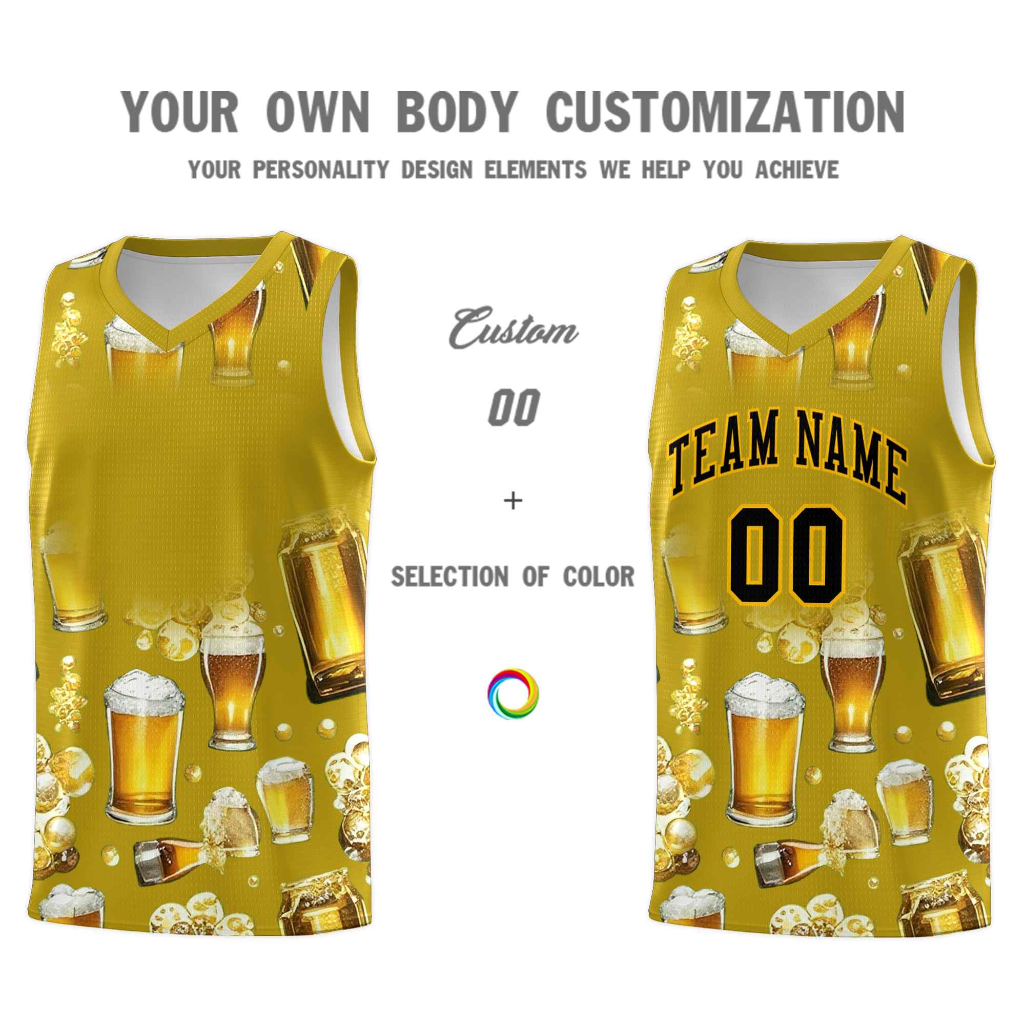 Custom Old Gold National Beer Day Personalized Beer Bubble Basketball Jersey | Perfect for parties | Dye-sublimation printing | KXKSHOP