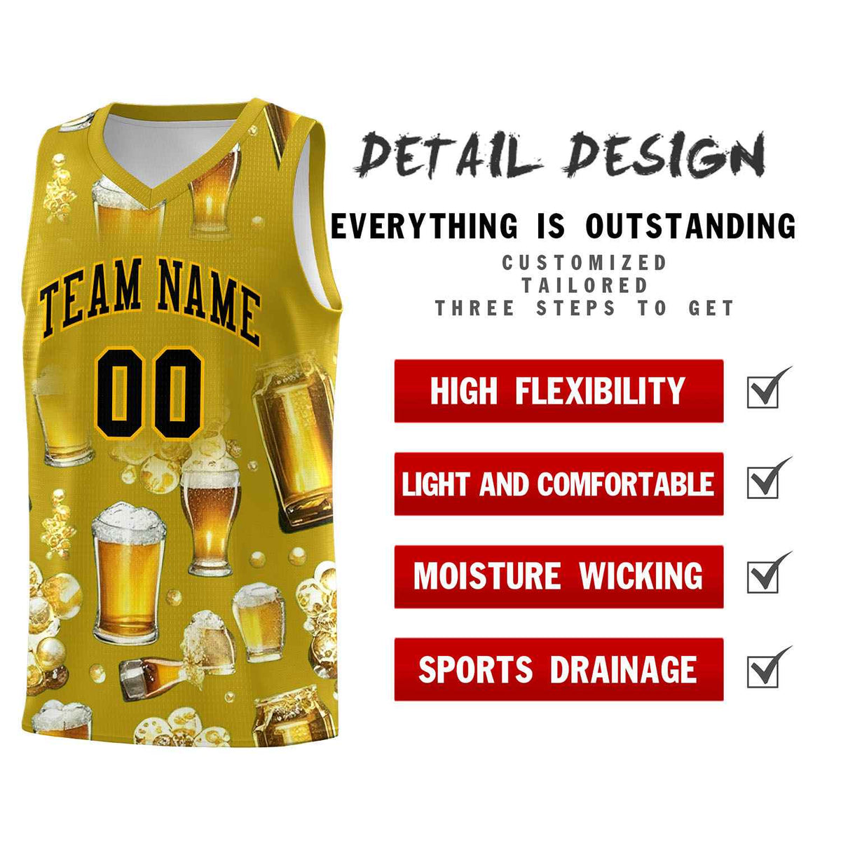Custom Old Gold National Beer Day Personalized Beer Bubble Basketball Jersey | Perfect for parties | Dye-sublimation printing | KXKSHOP