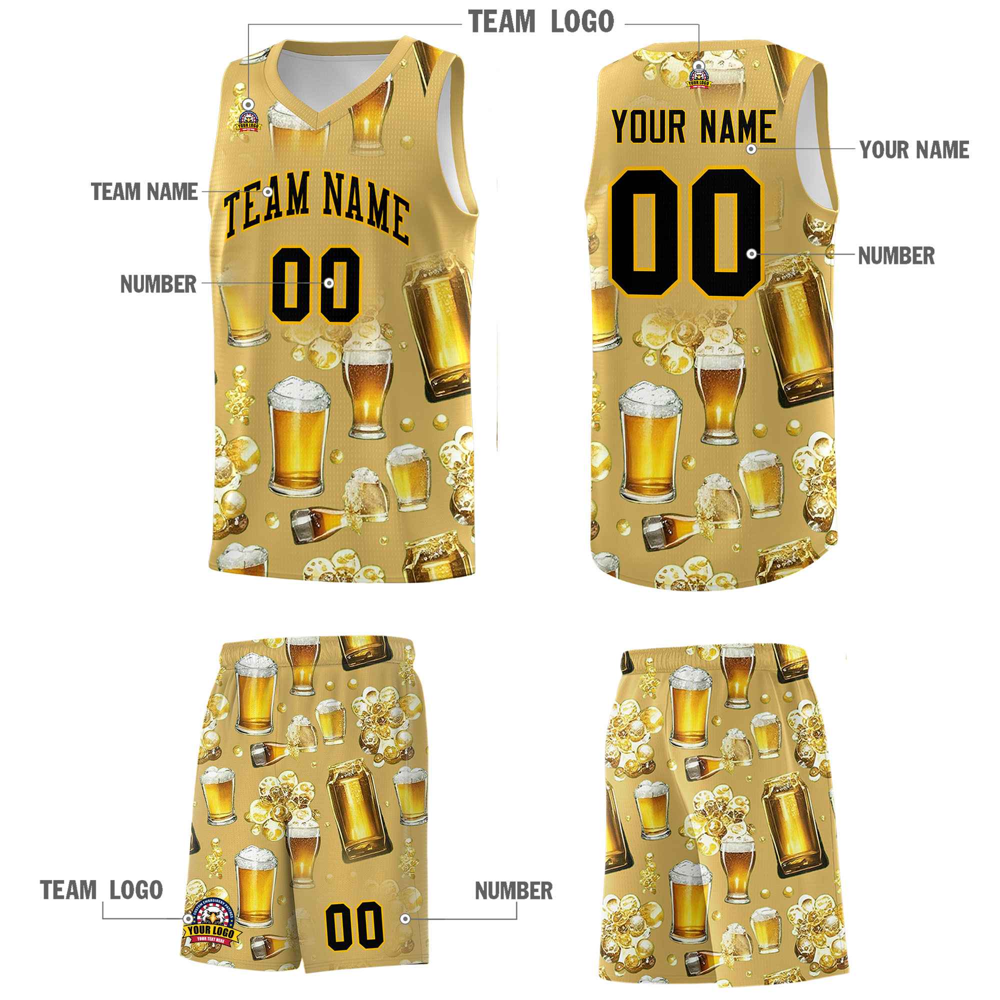 Custom Old Gold National Beer Day Personalized Beer Bubble Basketball Jersey | Perfect for parties | Dye-sublimation printing | KXKSHOP