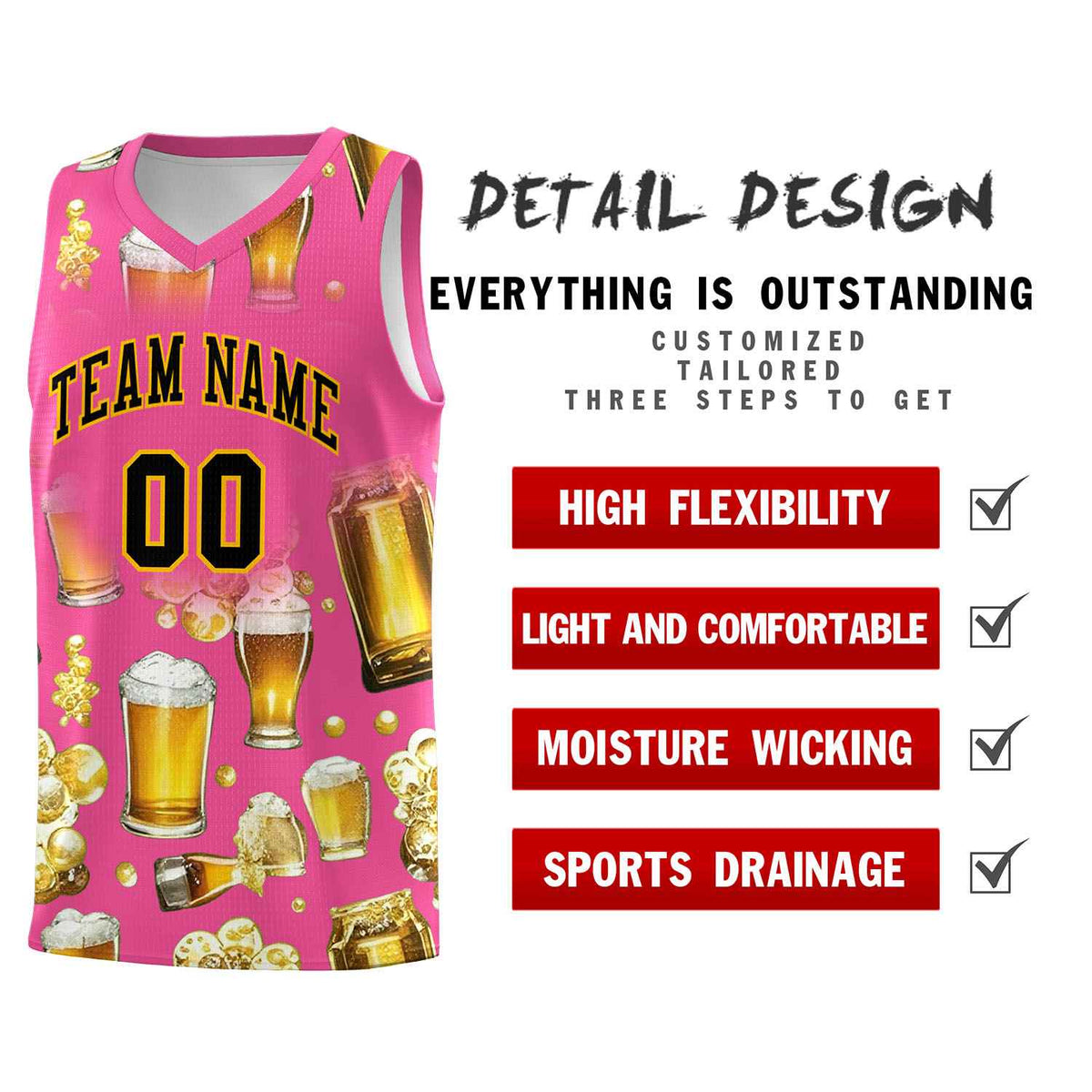 Custom Pink National Beer Day Personalized Beer Bubble Basketball Jersey | Perfect for parties | Dye-sublimation printing | KXKSHOP