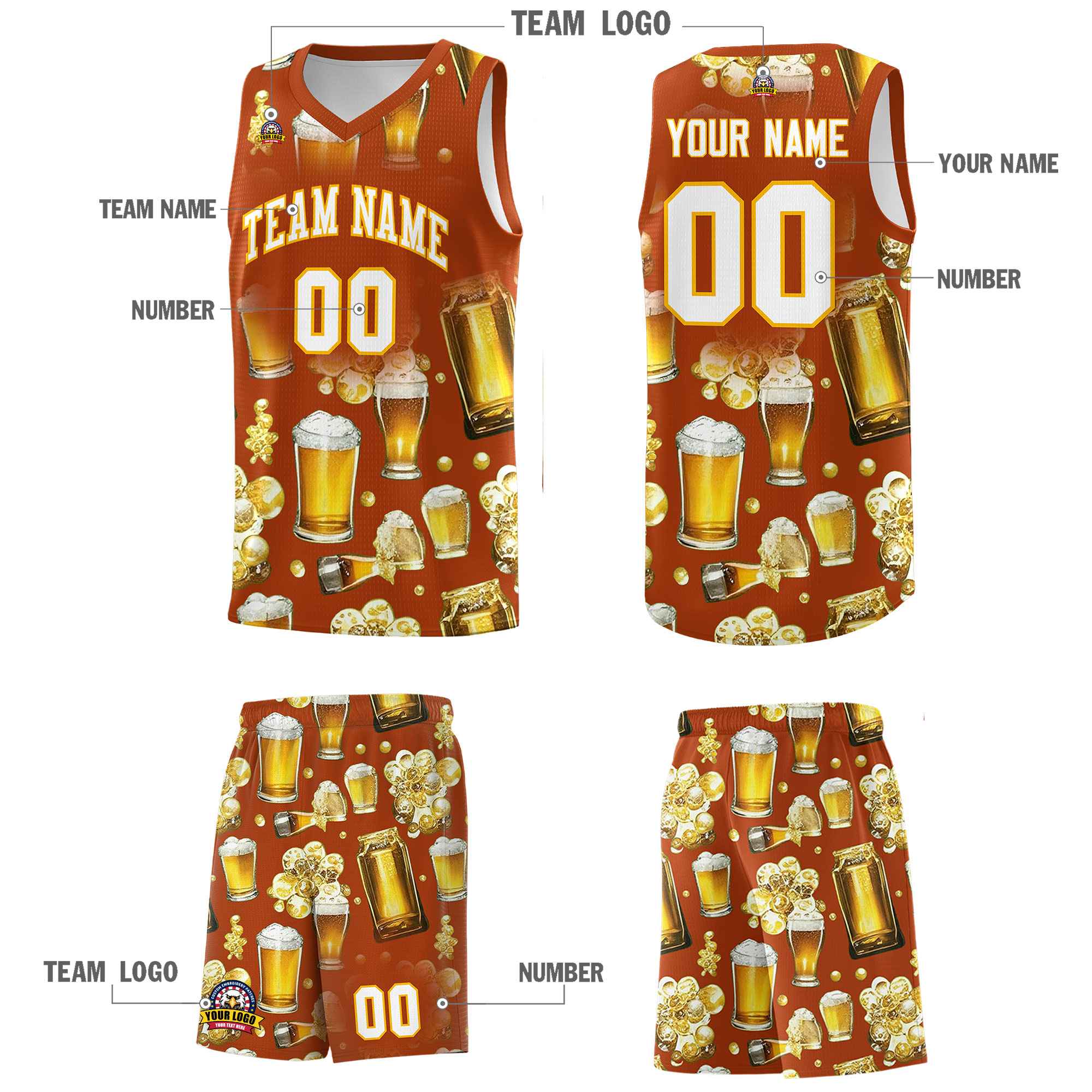 Custom Dark Orange National Beer Day Personalized Beer Bubble Basketball Jersey | Perfect for parties | Dye-sublimation printing | KXKSHOP