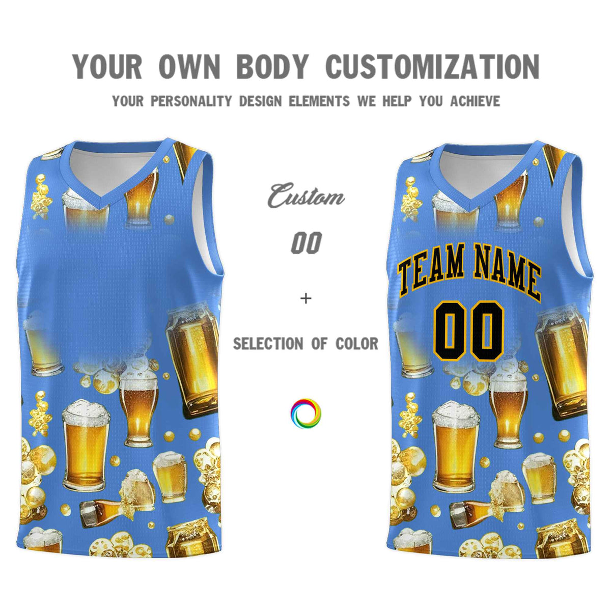 Custom Powder Blue National Beer Day Personalized Beer Bubble Basketball Jersey | Perfect for parties | Dye-sublimation printing | KXKSHOP