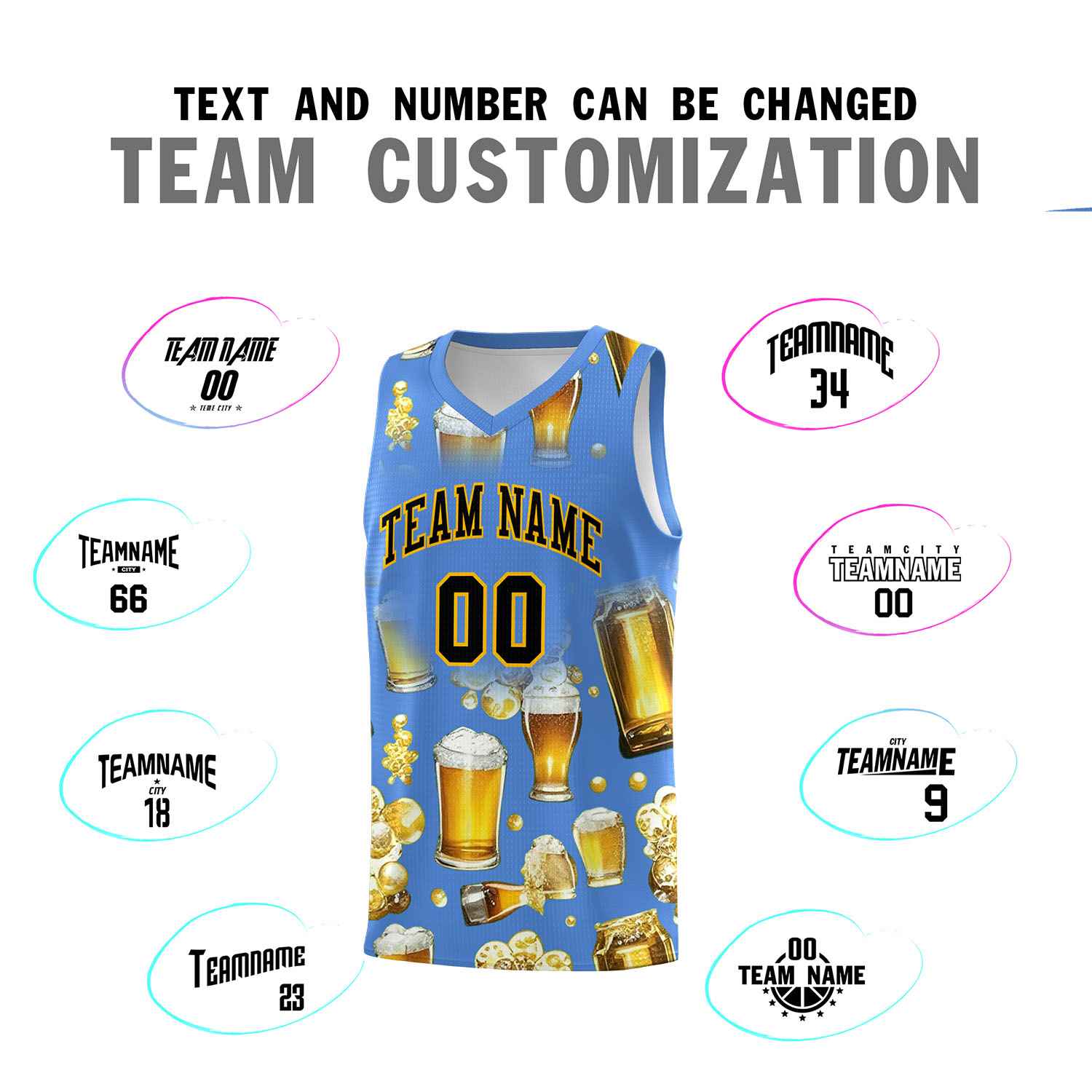 Custom Powder Blue National Beer Day Personalized Beer Bubble Basketball Jersey | Perfect for parties | Dye-sublimation printing | KXKSHOP