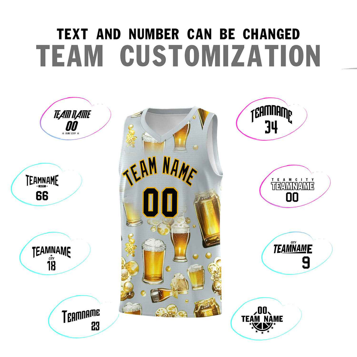 Custom Silver National Beer Day Personalized Beer Bubble Basketball Jersey | Perfect for parties | Dye-sublimation printing | KXKSHOP