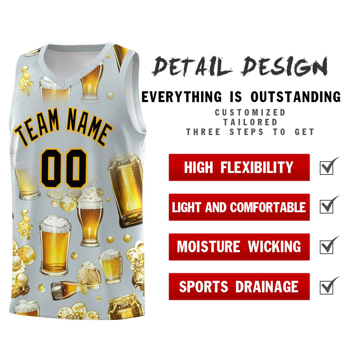 Custom Silver National Beer Day Personalized Beer Bubble Basketball Jersey | Perfect for parties | Dye-sublimation printing | KXKSHOP