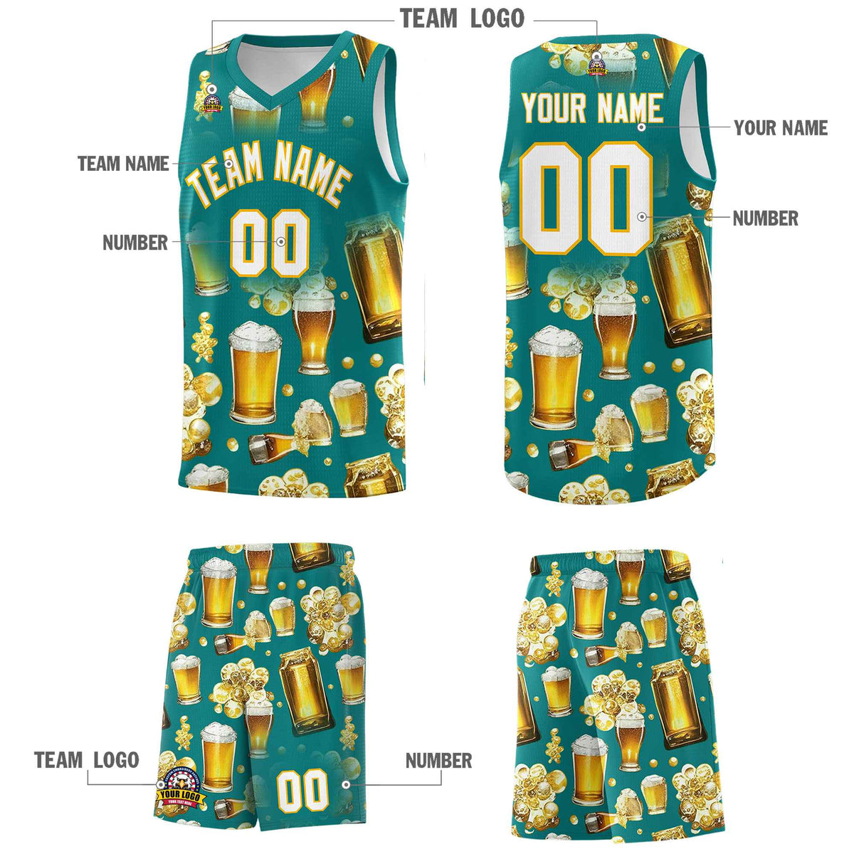 Custom Teal National Beer Day Personalized Beer Bubble Basketball Jersey | Perfect for parties | Dye-sublimation printing | KXKSHOP