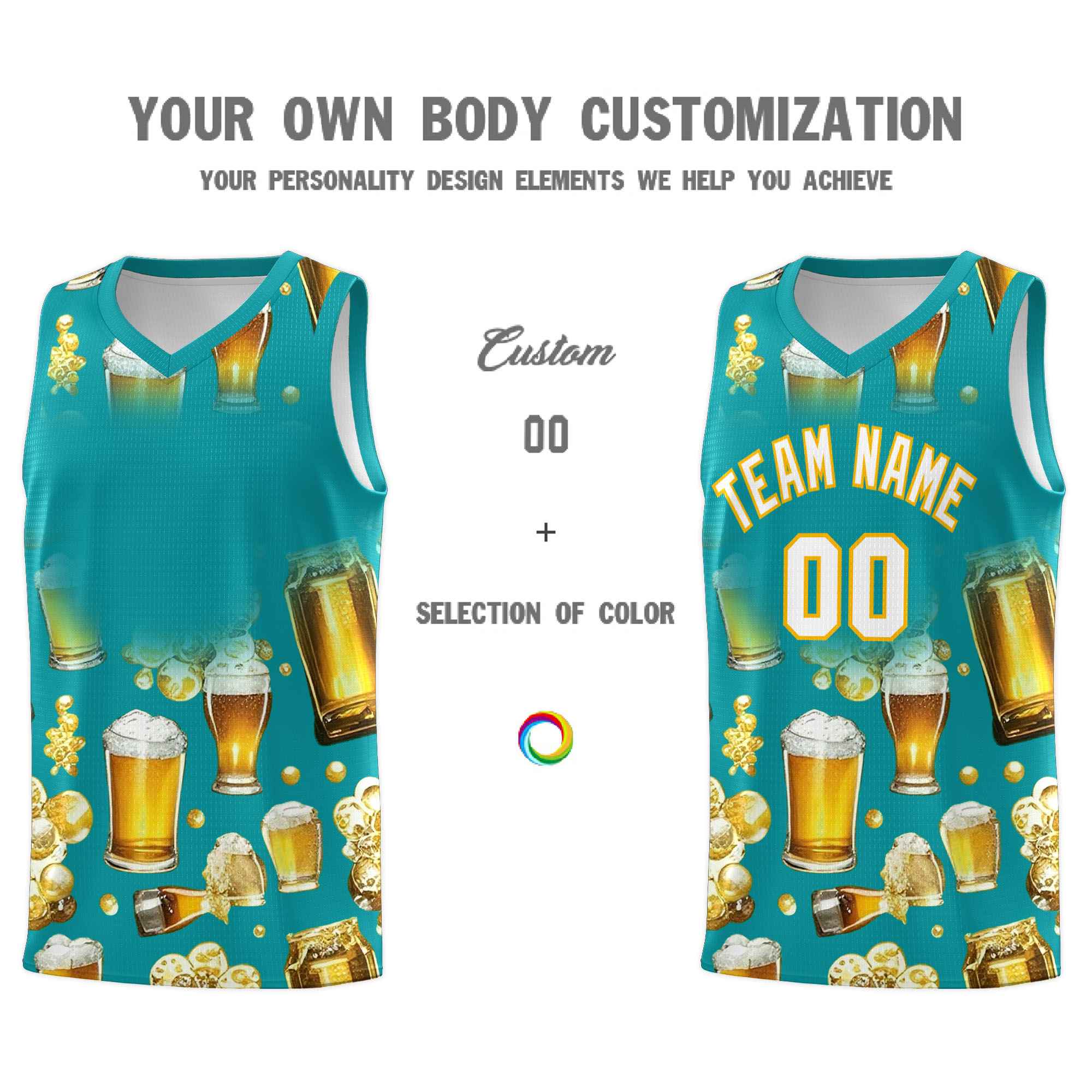 Custom Teal National Beer Day Personalized Beer Bubble Basketball Jersey | Perfect for parties | Dye-sublimation printing | KXKSHOP
