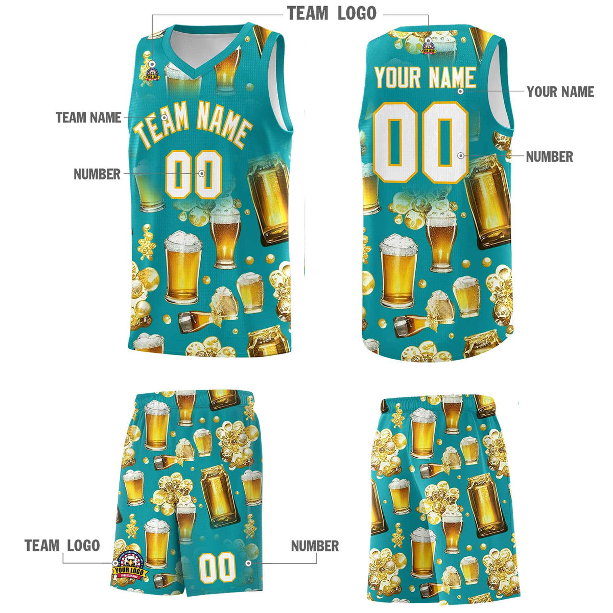 Custom Teal National Beer Day Personalized Beer Bubble Basketball Jersey | Perfect for parties | Dye-sublimation printing | KXKSHOP