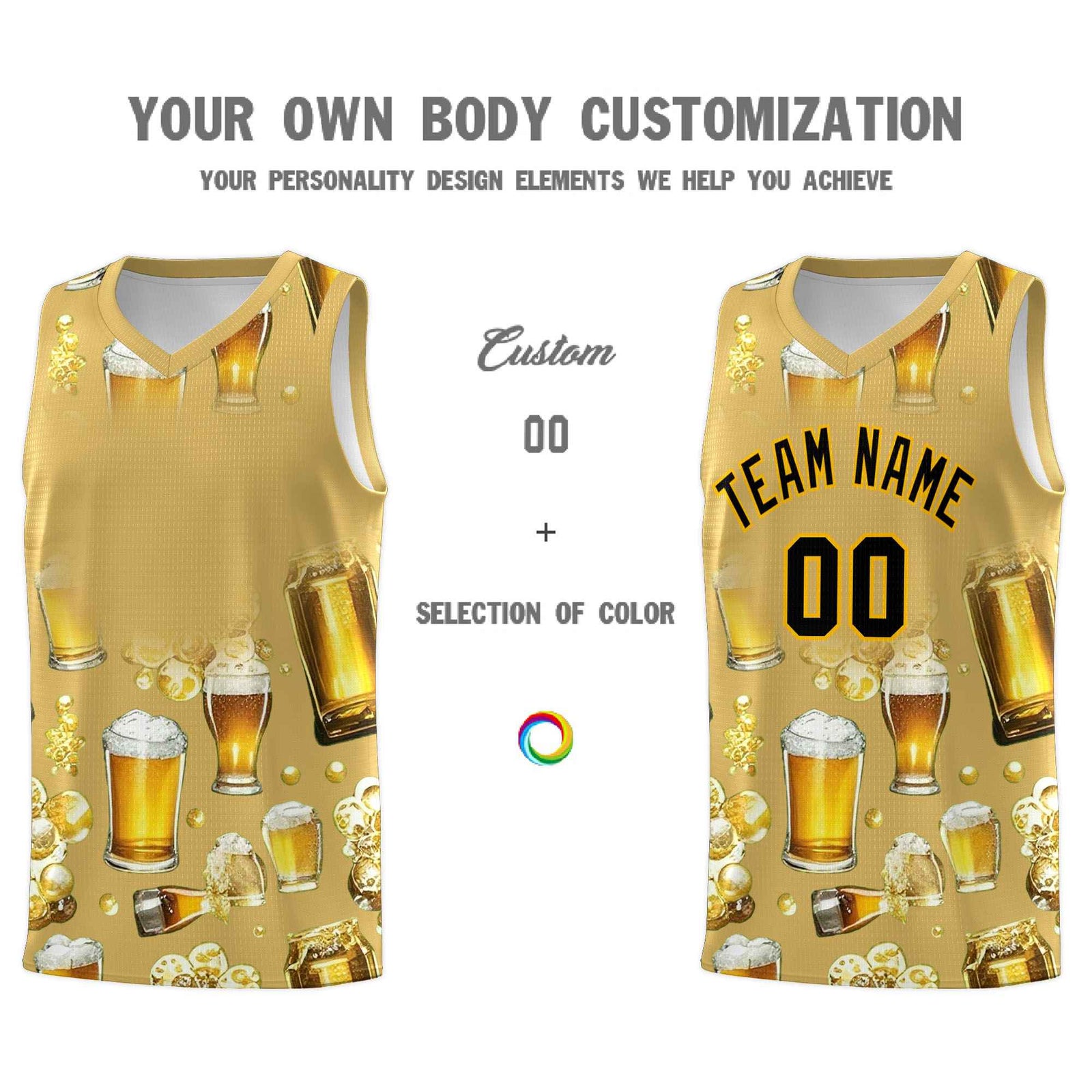 Custom Old Gold National Beer Day Personalized Beer Bubble Basketball Jersey | Perfect for parties | Dye-sublimation printing | KXKSHOP