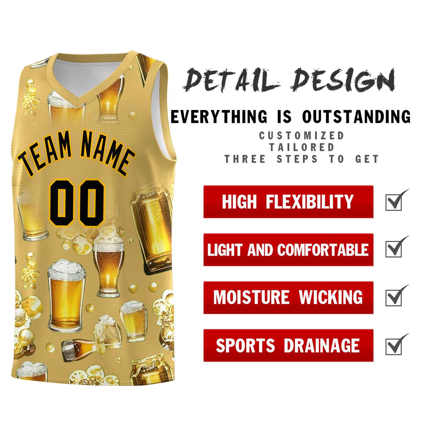 Custom Old Gold National Beer Day Personalized Beer Bubble Basketball Jersey | Perfect for parties | Dye-sublimation printing | KXKSHOP