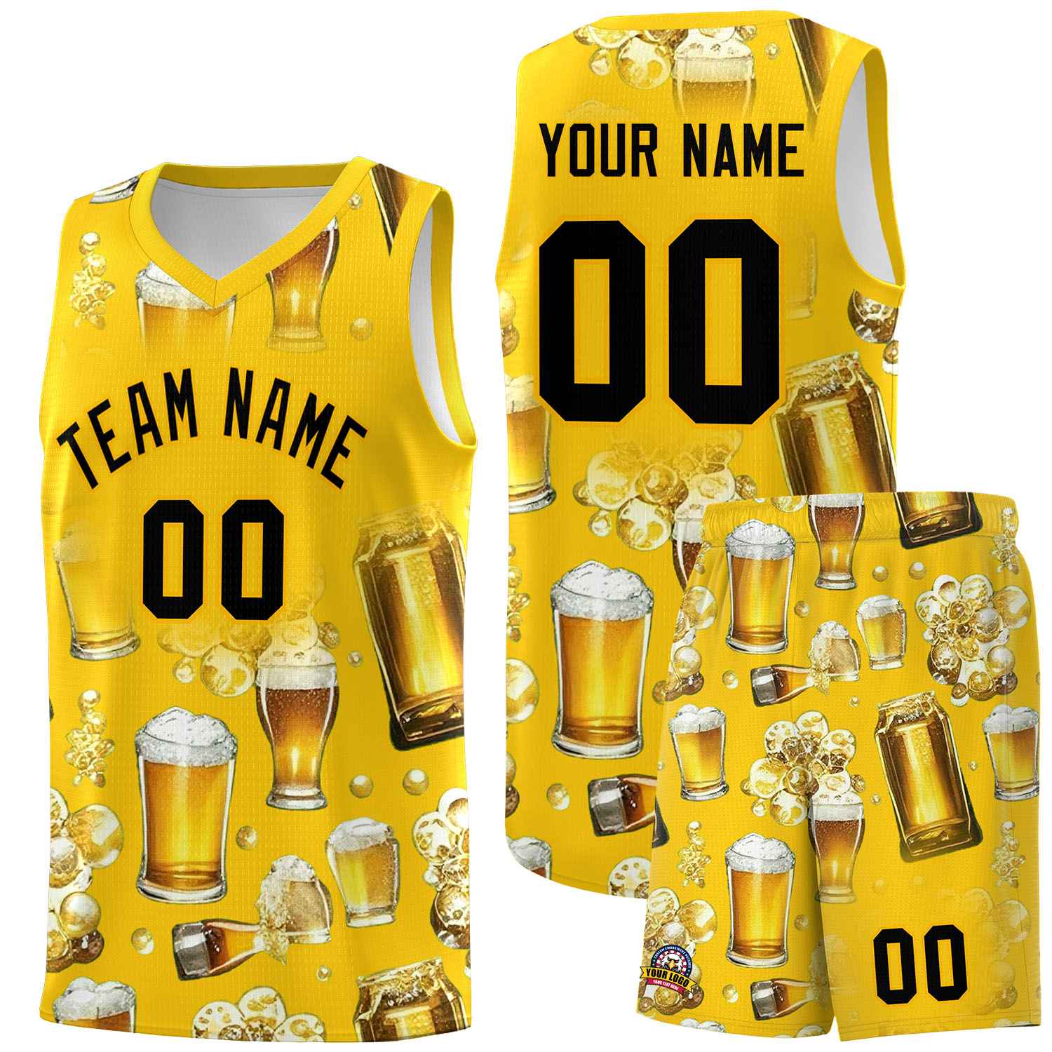 Custom Gold National Beer Day Personalized Beer Bubble Basketball Jersey | Perfect for parties | Dye-sublimation printing | KXKSHOP