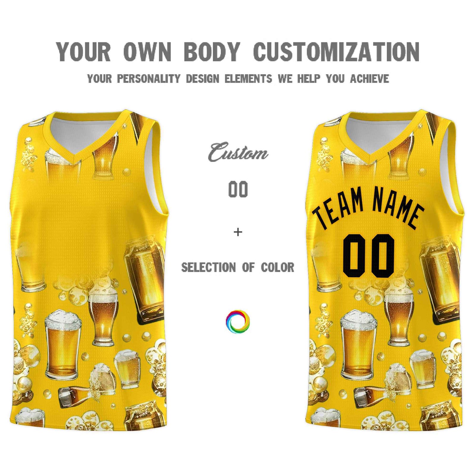 Custom Gold National Beer Day Personalized Beer Bubble Basketball Jersey | Perfect for parties | Dye-sublimation printing | KXKSHOP