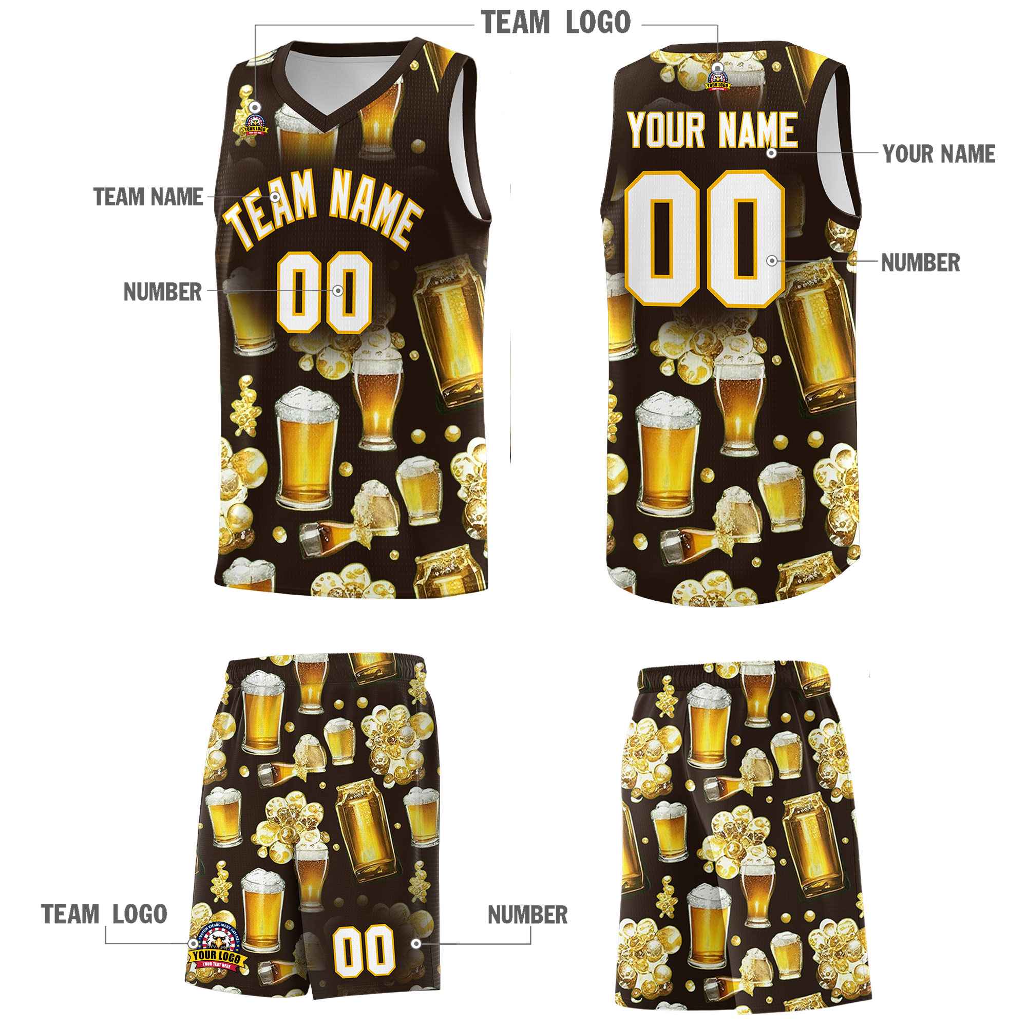 Custom Brown National Beer Day Personalized Beer Bubble Basketball Jersey | Perfect for parties | Dye-sublimation printing | KXKSHOP