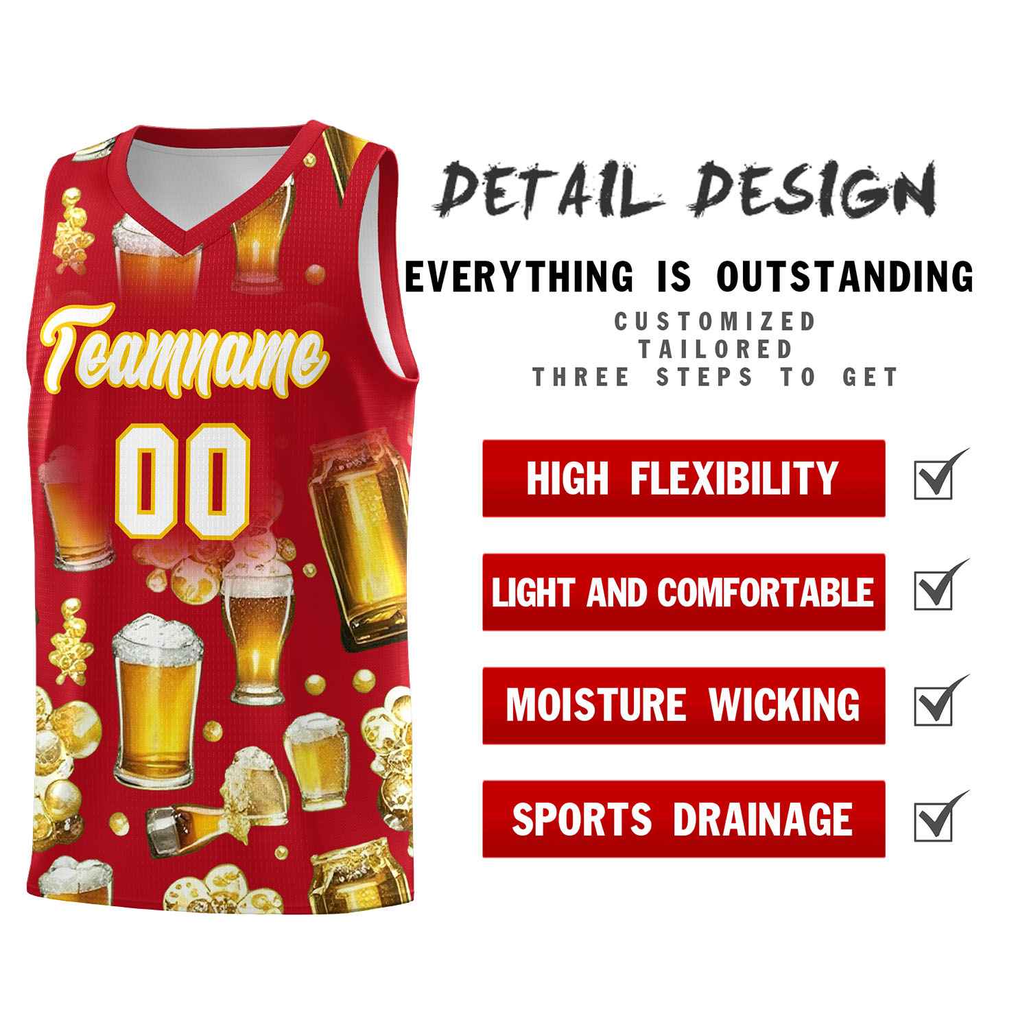 Custom Red National Beer Day Personalized Beer Bubble Basketball Jersey | Perfect for parties | Dye-sublimation printing | KXKSHOP