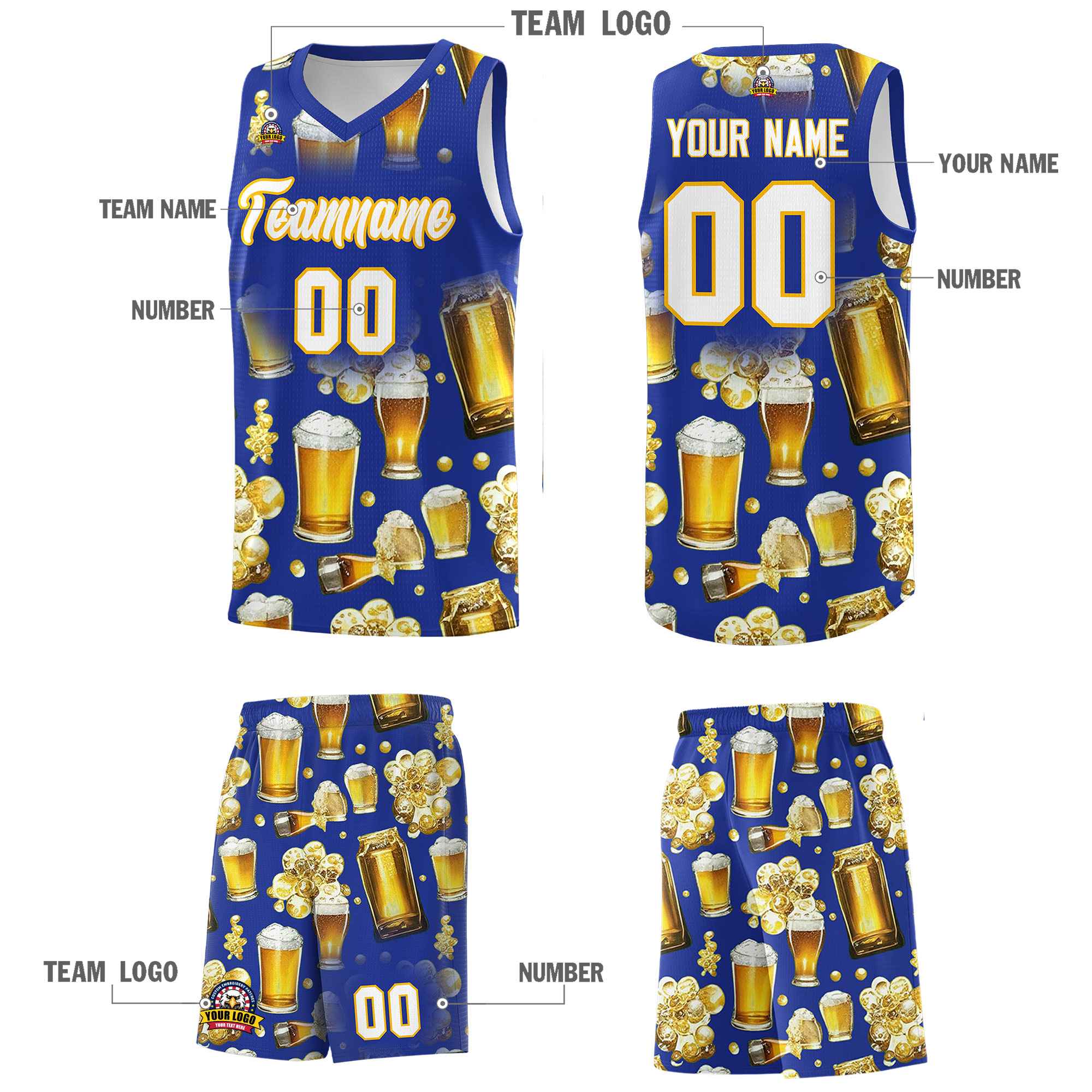 Custom Royal Blue National Beer Day Personalized Beer Bubble Basketball Jersey | Perfect for parties | Dye-sublimation printing | KXKSHOP