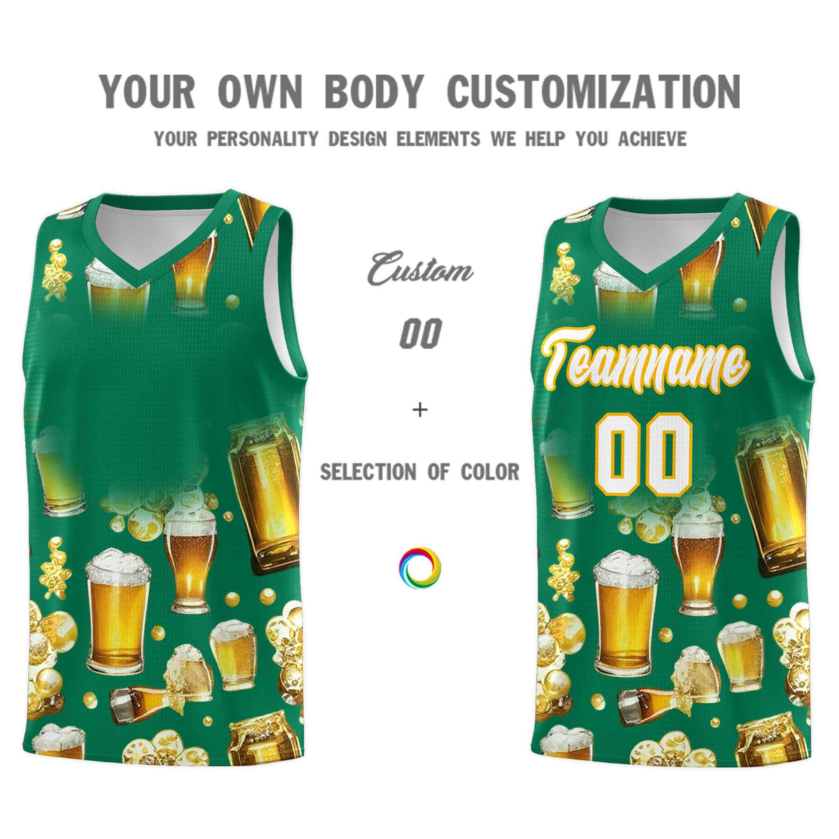 Custom Kelly Green National Beer Day Personalized Beer Bubble Basketball Jersey | Perfect for parties | Dye-sublimation printing | KXKSHOP
