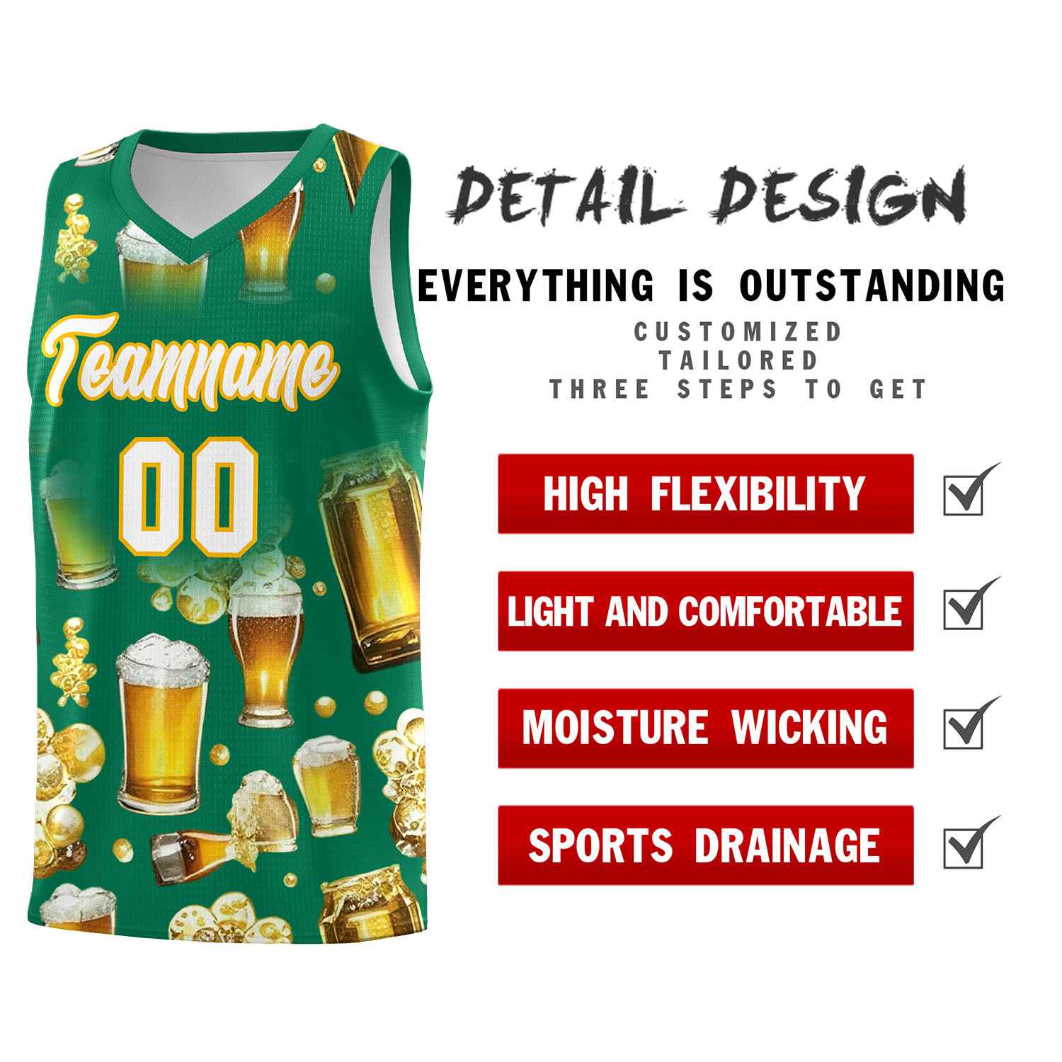 Custom Kelly Green National Beer Day Personalized Beer Bubble Basketball Jersey | Perfect for parties | Dye-sublimation printing | KXKSHOP